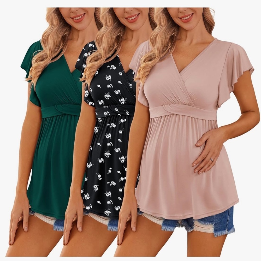 Elegant Women's V-Neck Blouse - Green, Black Floral, and Pink